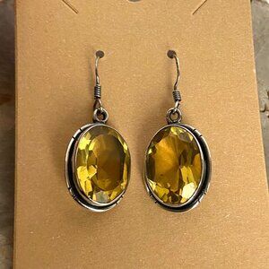 Sterling Silver 925 Oval Faceted Yellow Citrine Glass Dangle Drop Earrings